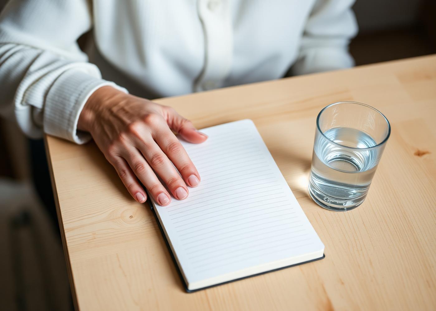 Mãos de uma mulher sobre um caderno aberto, ao lado de um copo de água